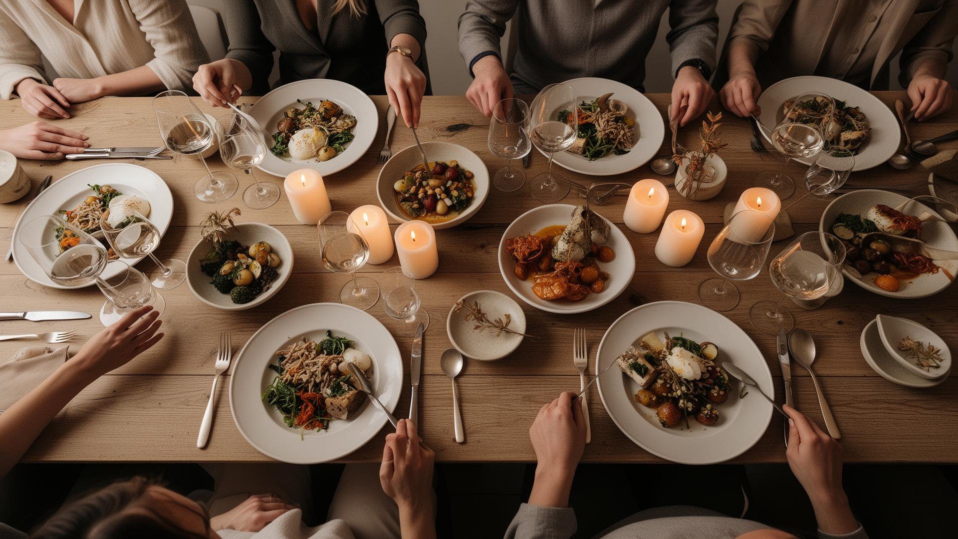 An overhead view of friends sharing a meal at a table
