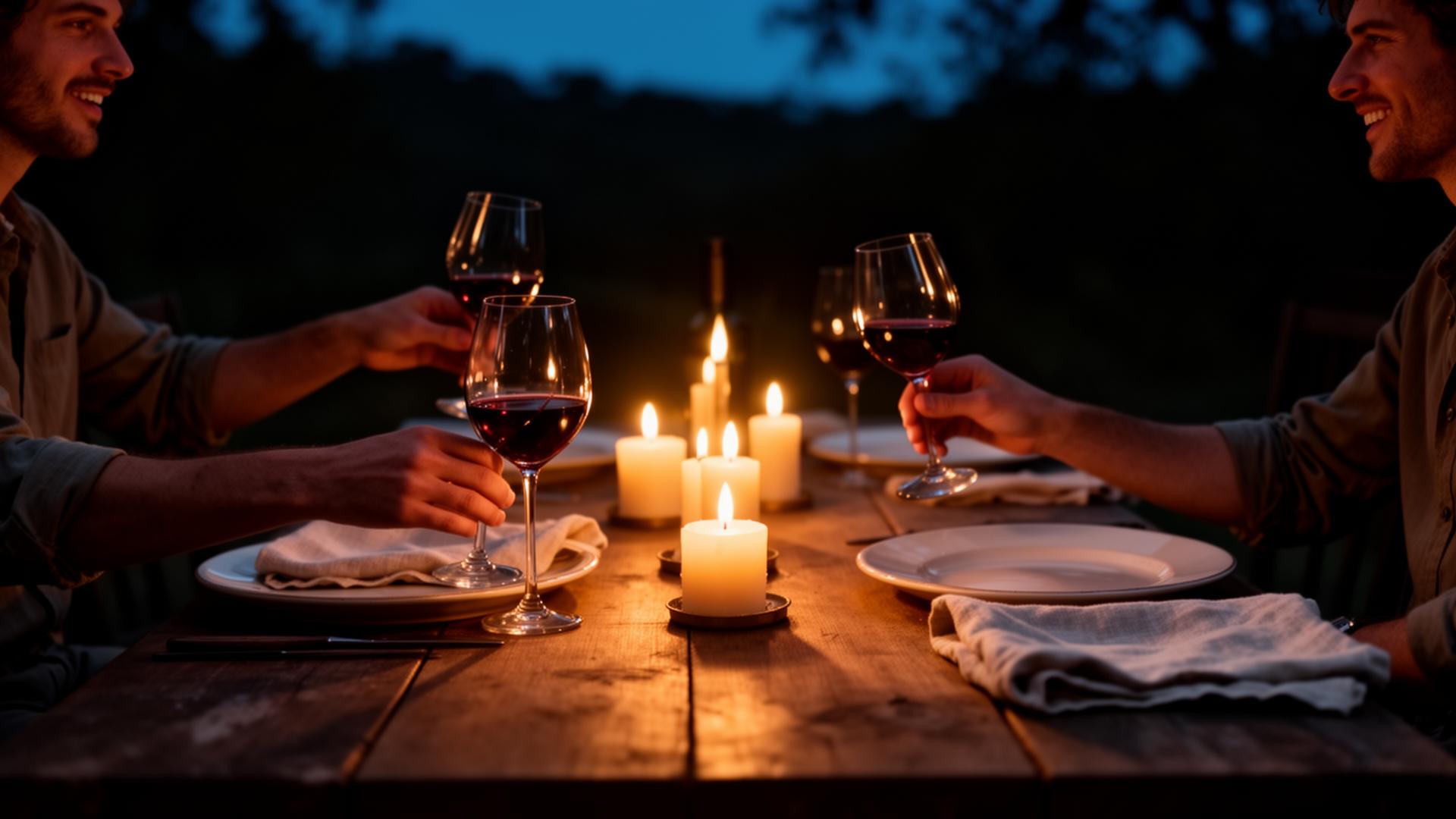 A warmly lit table set for friends, just before guests arrive